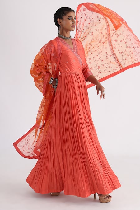 Smriti By Anju Agarwal_Orange Chanderi, Organza Embroidery, Tassels V-neck Floral Angrakha Set _Online_at_Aza_Fashions
