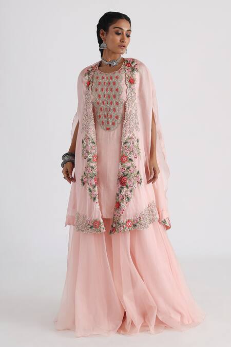 Smriti By Anju Agarwal_Pink Bamboo, Organza, Satin, Taffeta Embroidery Round Floral Cape And Sharara Set _Online_at_Aza_Fashions
