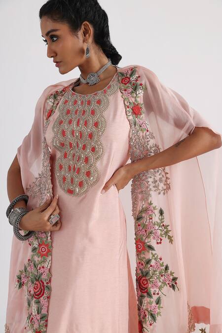 Buy_Smriti By Anju Agarwal_Pink Bamboo, Organza, Satin, Taffeta Embroidery Round Floral Cape And Sharara Set _Online_at_Aza_Fashions