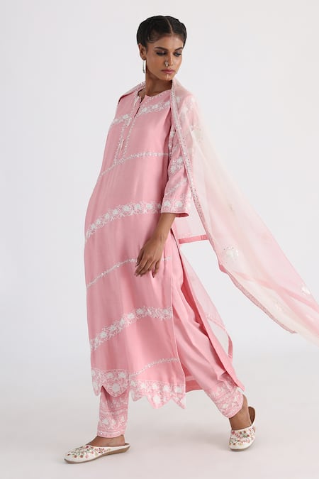 Buy_Smriti By Anju Agarwal_Pink Bamboo, Organza, Silk Tassels, Embroidery Split V-neck Nayab Kurta Set _Online_at_Aza_Fashions