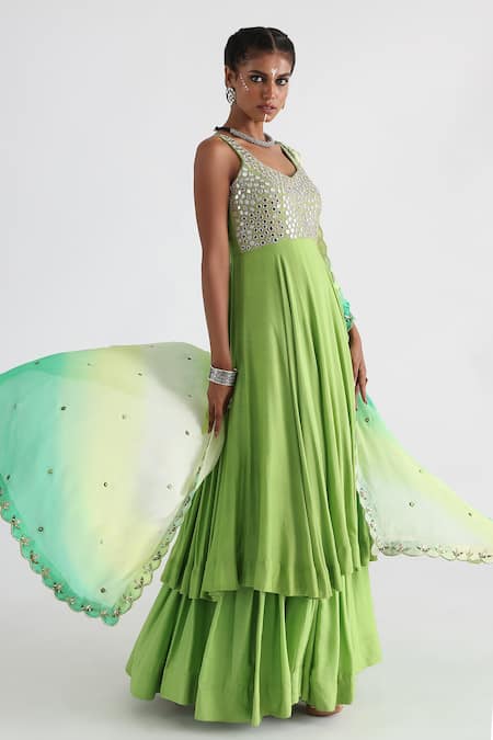 Smriti By Anju Agarwal_Green Bamboo, Silk, Crepe, Chiffon Embroidery, Mirrors V-neck Anarkali Set _Online_at_Aza_Fashions