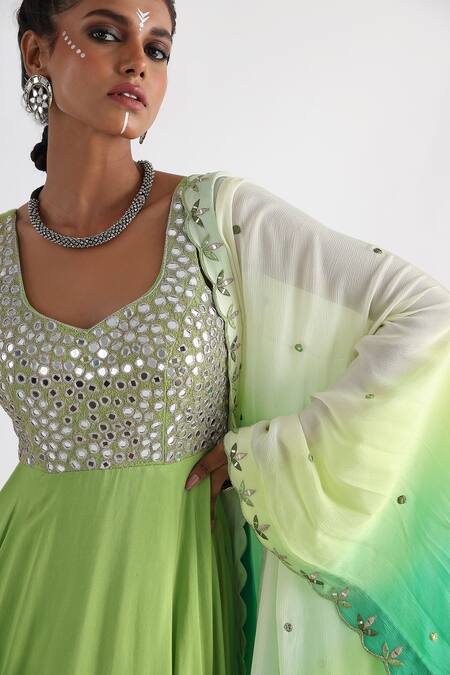 Buy_Smriti By Anju Agarwal_Green Bamboo, Silk, Crepe, Chiffon Embroidery, Mirrors V-neck Anarkali Set _Online_at_Aza_Fashions
