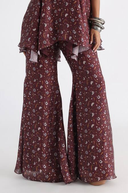 Smriti By Anju Agarwal_Brown Georgette, Satin, Taffeta Embroidery Floral Print Tunic And Flared Pant Set _Online_at_Aza_Fashions