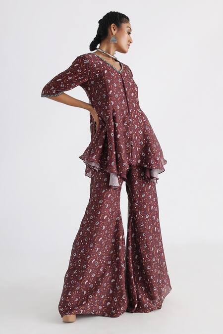 Buy_Smriti By Anju Agarwal_Brown Georgette, Satin, Taffeta Embroidery Floral Print Tunic And Flared Pant Set _Online_at_Aza_Fashions