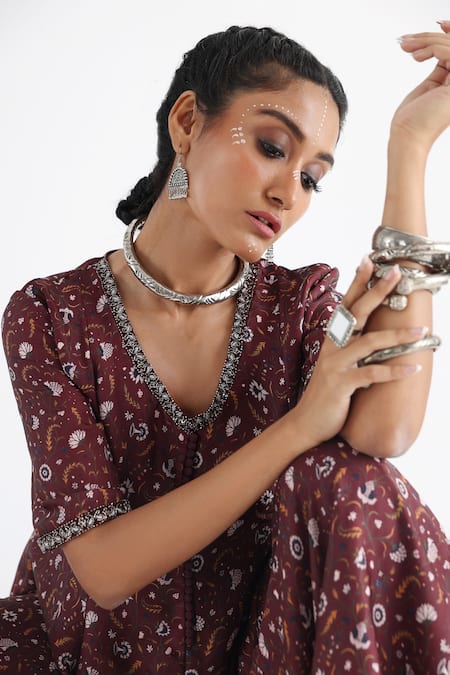 Shop_Smriti By Anju Agarwal_Brown Georgette, Satin, Taffeta Embroidery Floral Print Tunic And Flared Pant Set _Online_at_Aza_Fashions