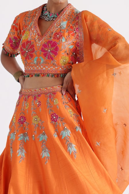 Smriti By Anju Agarwal_Orange Bamboo, Organza, Taffeta Tassels V-neck Embroidered Lehenga Set _Online_at_Aza_Fashions