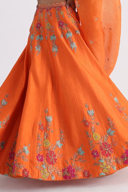Buy_Smriti By Anju Agarwal_Orange Bamboo, Organza, Taffeta Tassels V-neck Embroidered Lehenga Set _Online_at_Aza_Fashions