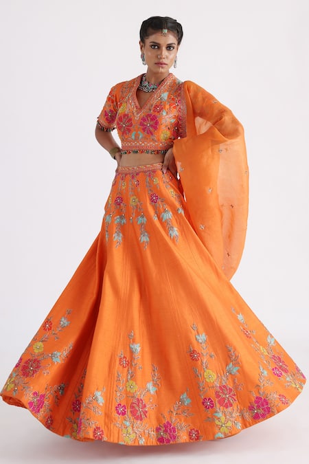 Shop_Smriti By Anju Agarwal_Orange Bamboo, Organza, Taffeta Tassels V-neck Embroidered Lehenga Set _Online_at_Aza_Fashions