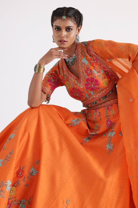 Smriti By Anju Agarwal_Orange Bamboo, Organza, Taffeta Tassels V-neck Embroidered Lehenga Set _at_Aza_Fashions