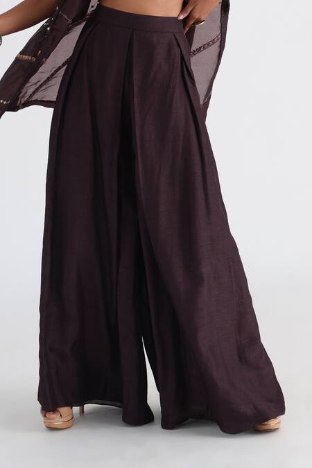 Smriti By Anju Agarwal_Brown Modal, Bamboo, Taffeta, Satin, Organza Sequins, Jacket And Flared Pant Set _Online_at_Aza_Fashions