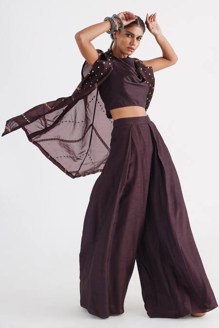 Buy_Smriti By Anju Agarwal_Brown Modal, Bamboo, Taffeta, Satin, Organza Sequins, Jacket And Flared Pant Set _Online_at_Aza_Fashions
