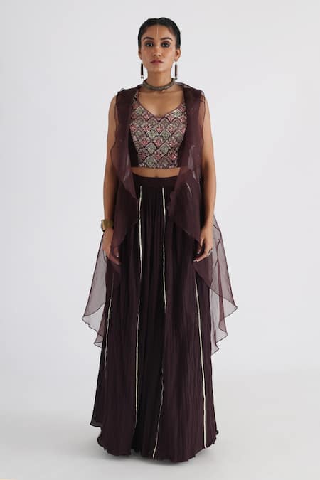 Buy_Smriti By Anju Agarwal_Brown Bamboo, Organza, Cotton Sequins Embroidered Jacket And Flared Pant Set _Online_at_Aza_Fashions