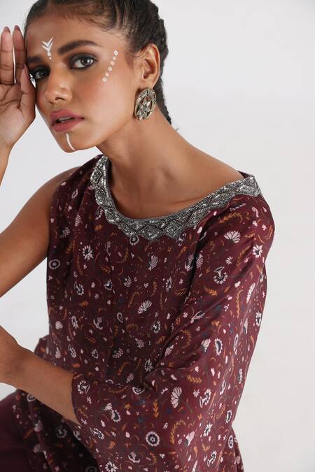 Smriti By Anju Agarwal_Brown Taffeta, Crepe Embroidery Boat Neck One Shoulder Kaftan And Flared Pant Set _Online_at_Aza_Fashions