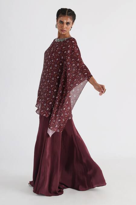 Buy_Smriti By Anju Agarwal_Brown Taffeta, Crepe Embroidery Boat Neck One Shoulder Kaftan And Flared Pant Set _Online_at_Aza_Fashions