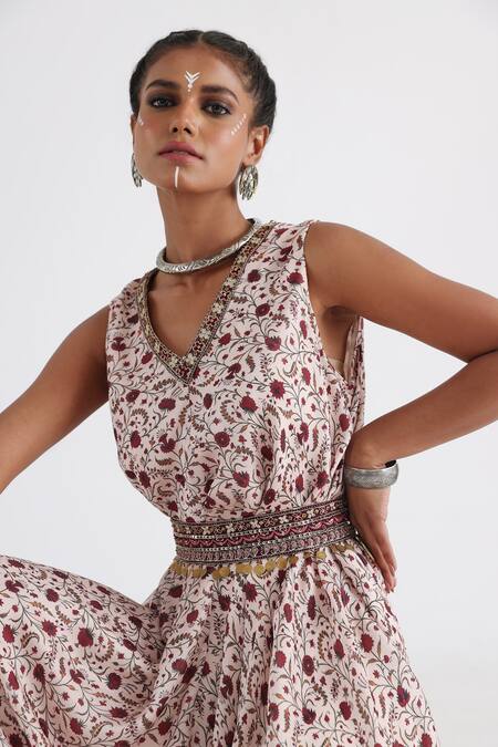Buy_Smriti by Anju Agarwal_Off White Jumpsuit Satin Georgette Printed Floral V Neck Huma _Online_at_Aza_Fashions