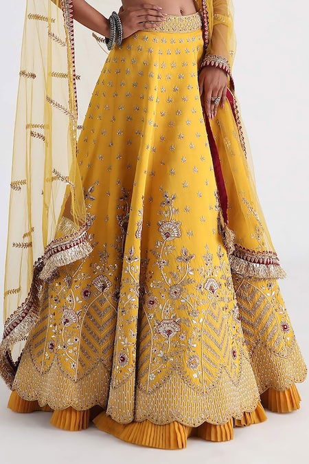 Smriti By Anju Agarwal_Maroon Crepe, Bamboo, Linen, Satin, Mustard Yellow Hand Embroidered Lehenga Set _Online_at_Aza_Fashions