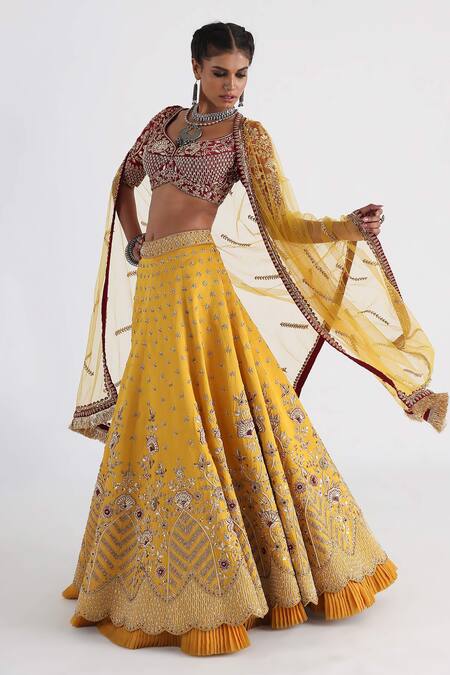Buy_Smriti By Anju Agarwal_Maroon Crepe, Bamboo, Linen, Satin, Mustard Yellow Hand Embroidered Lehenga Set _Online_at_Aza_Fashions