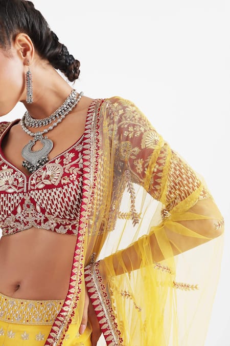 Shop_Smriti By Anju Agarwal_Maroon Crepe, Bamboo, Linen, Satin, Mustard Yellow Hand Embroidered Lehenga Set _Online_at_Aza_Fashions
