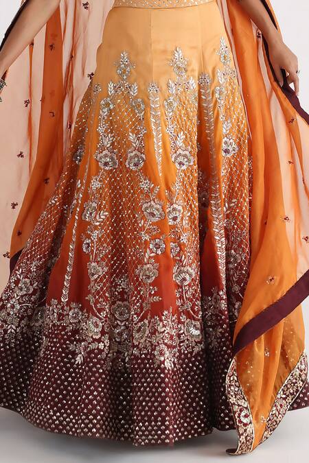 Smriti By Anju Agarwal_Yellow Satin, Silk, Organza, Taffeta, Tissue Aliyna Hand Embroidered Lehenga Set _Online_at_Aza_Fashions