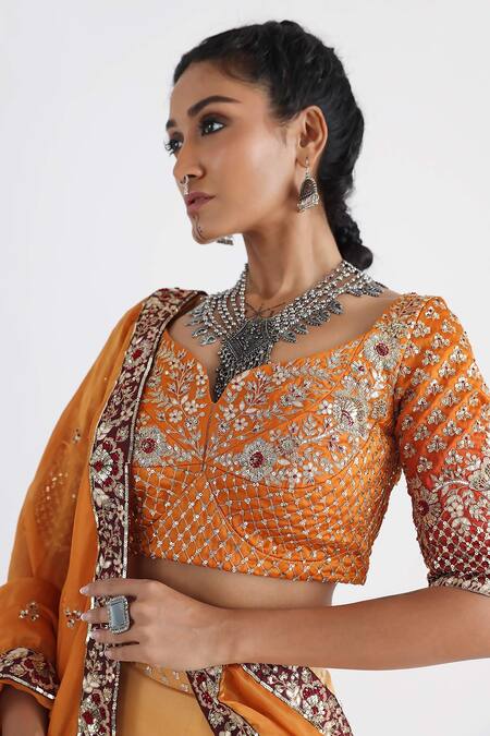 Buy_Smriti By Anju Agarwal_Yellow Satin, Silk, Organza, Taffeta, Tissue Aliyna Hand Embroidered Lehenga Set _Online_at_Aza_Fashions