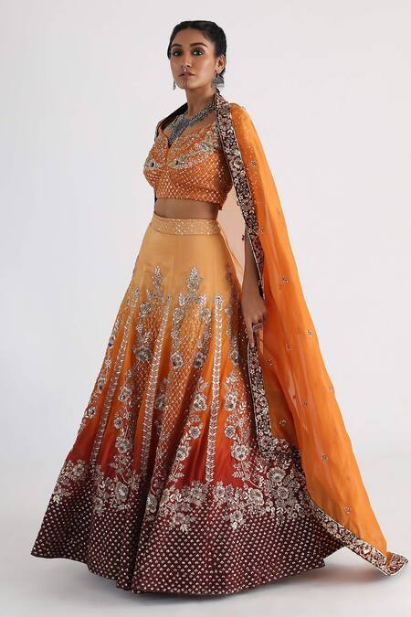 Shop_Smriti By Anju Agarwal_Yellow Satin, Silk, Organza, Taffeta, Tissue Aliyna Hand Embroidered Lehenga Set _Online_at_Aza_Fashions