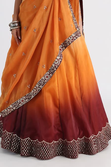 Smriti By Anju Agarwal_Yellow Satin, Organza, Taffeta, Tissue Embroidery Dalia Blouse Lehenga Set _Online_at_Aza_Fashions