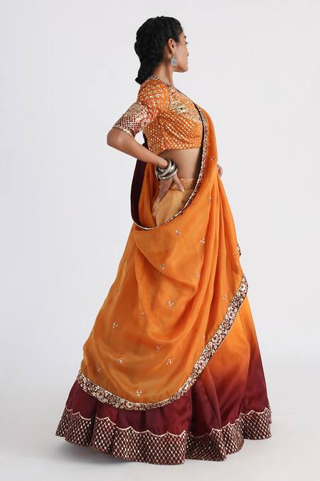 Buy_Smriti By Anju Agarwal_Yellow Satin, Organza, Taffeta, Tissue Embroidery Dalia Blouse Lehenga Set _Online_at_Aza_Fashions