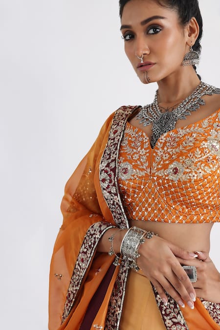 Shop_Smriti By Anju Agarwal_Yellow Satin, Organza, Taffeta, Tissue Embroidery Dalia Blouse Lehenga Set _Online_at_Aza_Fashions
