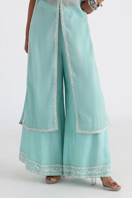 Smriti By Anju Agarwal_Green Satin, Organza, Crepe, Bamboo, Silk Zahra Hand Kurta And Pant Set _Online_at_Aza_Fashions