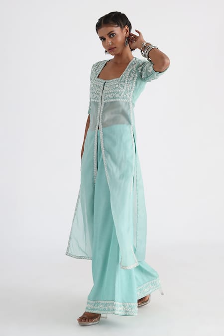 Buy_Smriti By Anju Agarwal_Green Satin, Organza, Crepe, Bamboo, Silk Zahra Hand Kurta And Pant Set _Online_at_Aza_Fashions