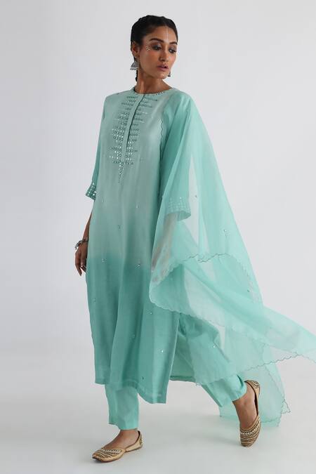 Buy_Smriti By Anju Agarwal_Green Silk, Organza, Bamboo Mirrors Round Neck Nadine Embroidered Kurta Set _Online_at_Aza_Fashions
