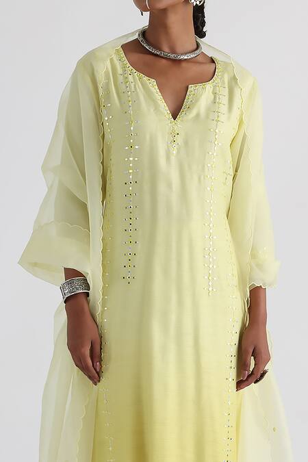 Buy_Smriti By Anju Agarwal_Yellow Bamboo, Silk, Organza Mirrors Round Neck Embroidered Kurta Set _Online_at_Aza_Fashions