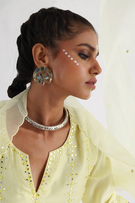 Smriti By Anju Agarwal_Yellow Bamboo, Silk, Organza Mirrors Round Neck Embroidered Kurta Set _at_Aza_Fashions