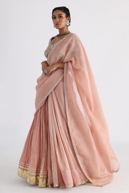 Smriti By Anju Agarwal_Peach Saree  Tissue And Bam Silk Hand Inaya Pleated Skirt With Blouse _Online_at_Aza_Fashions