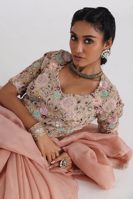 Buy_Smriti By Anju Agarwal_Peach Saree  Tissue And Bam Silk Hand Inaya Pleated Skirt With Blouse _Online_at_Aza_Fashions