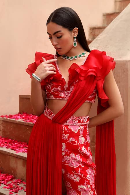 Dheeru Taneja_Red Organza, Crepe Beads, Aalia Printed Pant Saree With Ruffle Sleeve Blouse _Online_at_Aza_Fashions