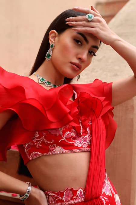 Buy_Dheeru Taneja_Red Organza, Crepe Beads, Aalia Printed Pant Saree With Ruffle Sleeve Blouse _Online_at_Aza_Fashions