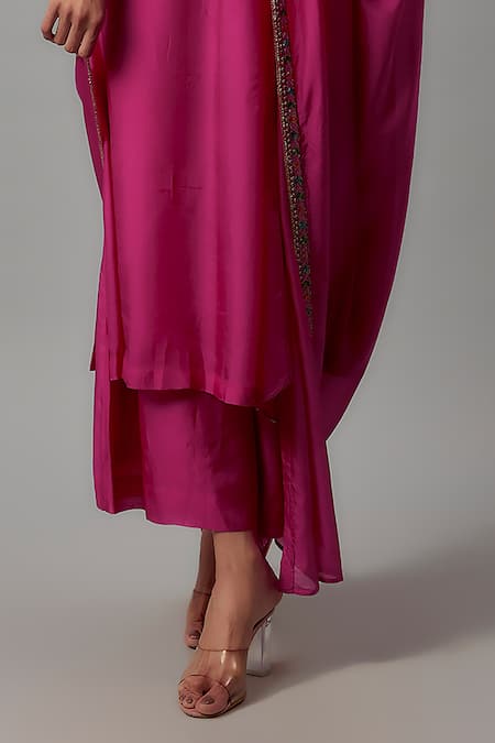 Buy_The Aarya_Pink Silk, Cotton, Maheshwari Beads, Embroidery Round Glass Sequin Kurta Set _Online_at_Aza_Fashions
