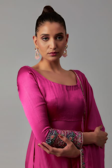 The Aarya_Pink Silk, Cotton, Maheshwari Beads, Embroidery Round Glass Sequin Kurta Set _Online_at_Aza_Fashions