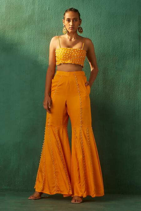 Aapro_Red Modal Satin And Georgette Hand Block Print & Heer Kaftan Jacket & Sharara Set_at_Aza_Fashions