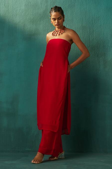 Shop_Aapro_Red Georgette Namrata Strapless Kurta And Pant Set_Online_at_Aza_Fashions