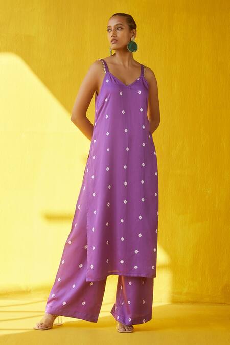 Aapro_Purple Modal Satin And Organza Hand Block Print & Boho Gazal Kurta Palazzo Set _Online_at_Aza_Fashions