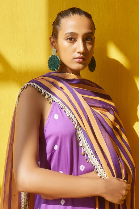 Buy_Aapro_Purple Modal Satin And Organza Hand Block Print & Boho Gazal Kurta Palazzo Set _Online_at_Aza_Fashions