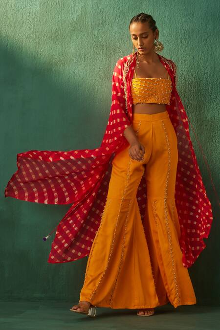 Aapro_Red Modal Satin And Georgette Hand Block Print & Heer Kaftan Jacket & Sharara Set_Online_at_Aza_Fashions