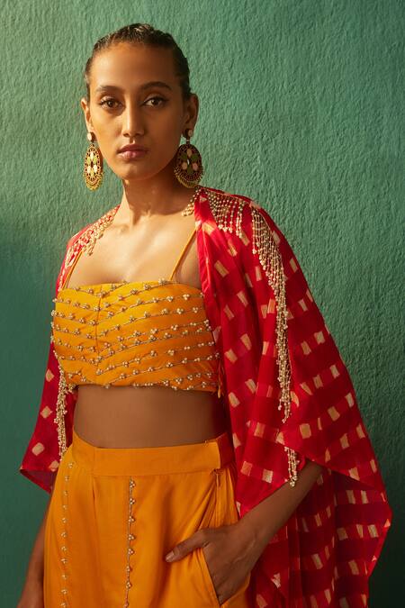 Buy_Aapro_Red Modal Satin And Georgette Hand Block Print & Heer Kaftan Jacket & Sharara Set_Online_at_Aza_Fashions