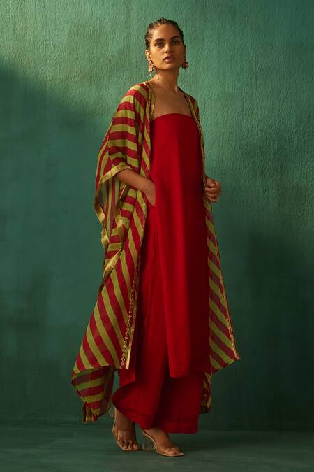 Aapro Red Georgette And Organza Hand Block Print & Stripe Kaftan Jacket & Pant Set Online at Aza Fashions Aapro_Red Georgette And Organza Hand Block Print & Stripe Kaftan Jacket & Pant Set _Online_at_Aza_Fashions