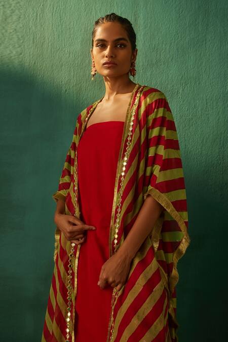 Buy Aapro Red Georgette And Organza Hand Block Print & Stripe Kaftan Jacket & Pant Set Online at Aza Fashions Buy_Aapro_Red Georgette And Organza Hand Block Print & Stripe Kaftan Jacket & Pant Set _Online_at_Aza_Fashions
