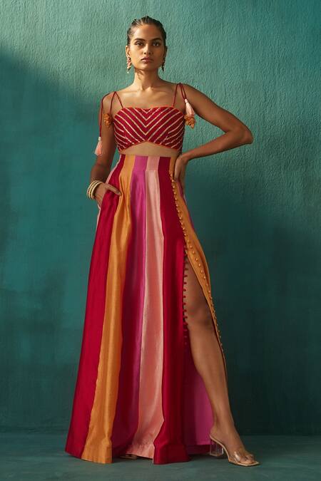 Aapro_Multi Color Chanderi And Organza Gota Patti Square Neck Muskan Lehenga Set _Online_at_Aza_Fashions