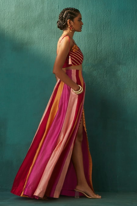 Buy_Aapro_Multi Color Chanderi And Organza Gota Patti Square Neck Muskan Lehenga Set _Online_at_Aza_Fashions