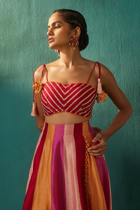 Shop_Aapro_Multi Color Chanderi And Organza Gota Patti Square Neck Muskan Lehenga Set _Online_at_Aza_Fashions